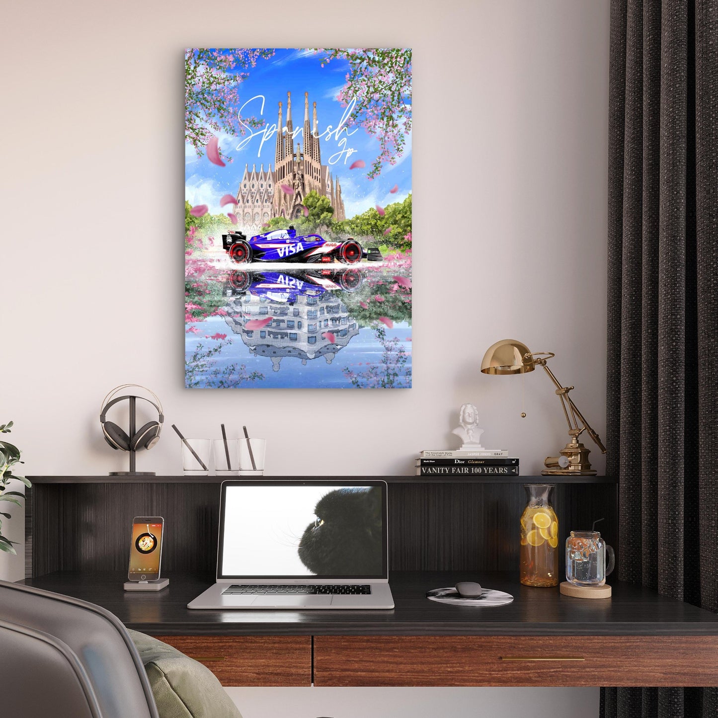 Blue Racing Car Spanish Grand Prix 40x60cm Metal Print Ready to Hang