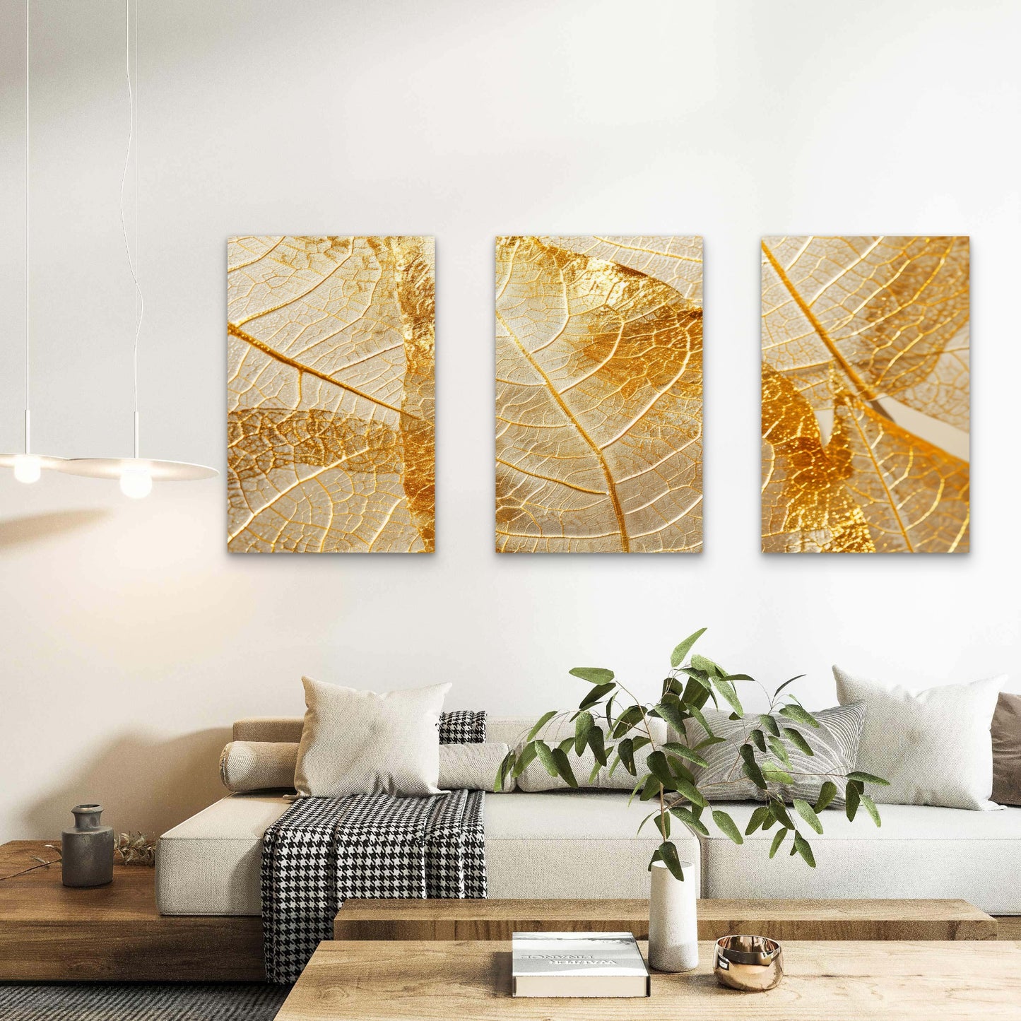 3pcs Gold Leaf Skeleton Veins Modern Wall Art Set Canvas Framed 60x90cm - High Quality Print 100% Australian Made Wall Canvas Ready to Hang