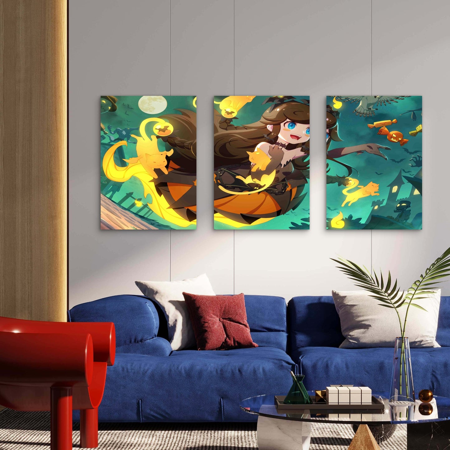 3pcs Cute Anime Witch Halloween Pumpkin Spooky Metal Print Ready to Hang Art
