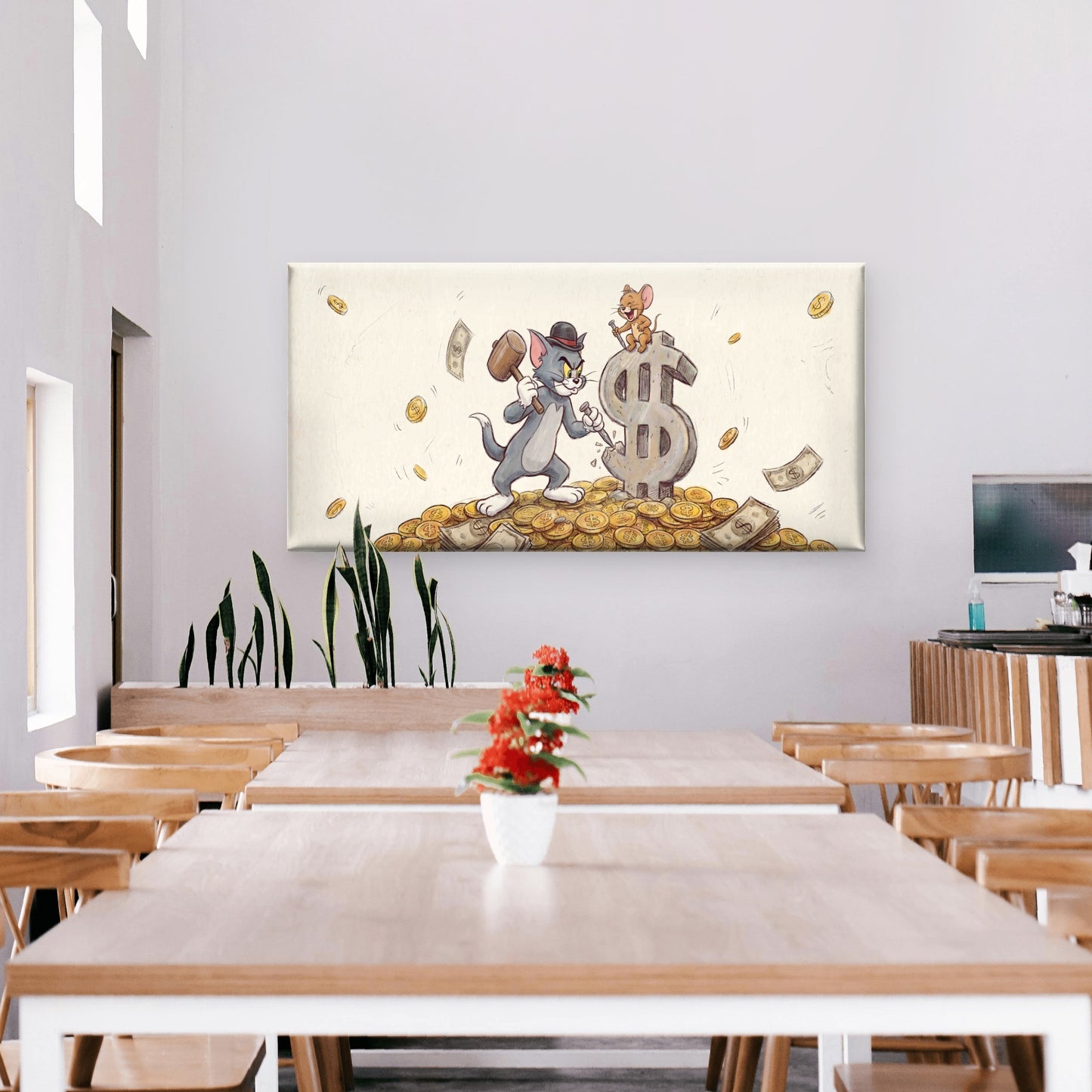 Cat & Rat Golden Coin Hammer Wall Art Canvas Office Home Room Framed 120x60cm - Bella Home Decor