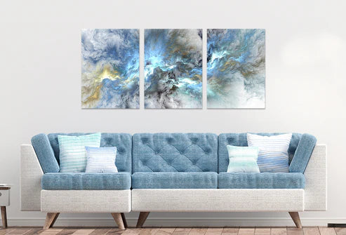 3pcs Blue Yellow Neon Abstract Art White Wall Art Set Canvas Unframed - High Quality Print 100% Australian Made Wall Canvas - Bella Home Decor