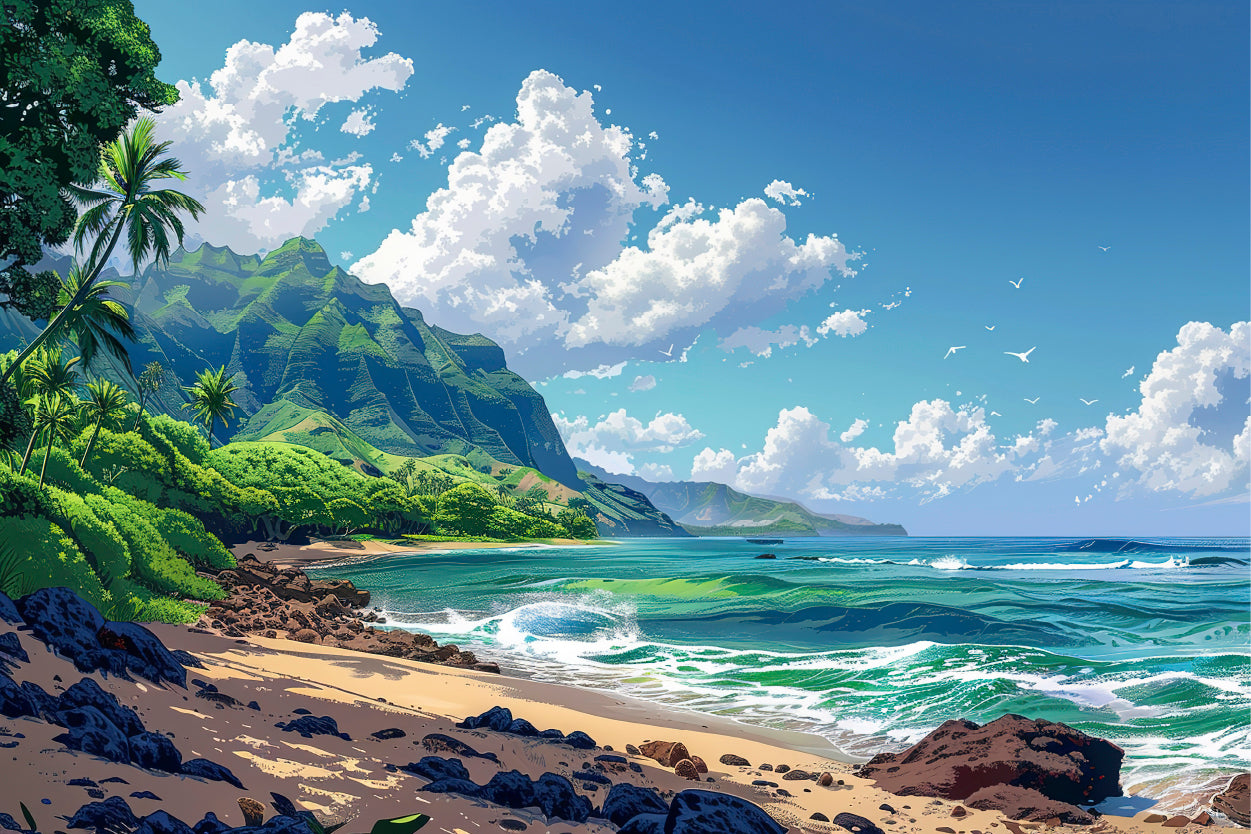 Hawaii Beach Scenery Sea Shore Rocky Beach Wall Art Decor 100% Australian Made