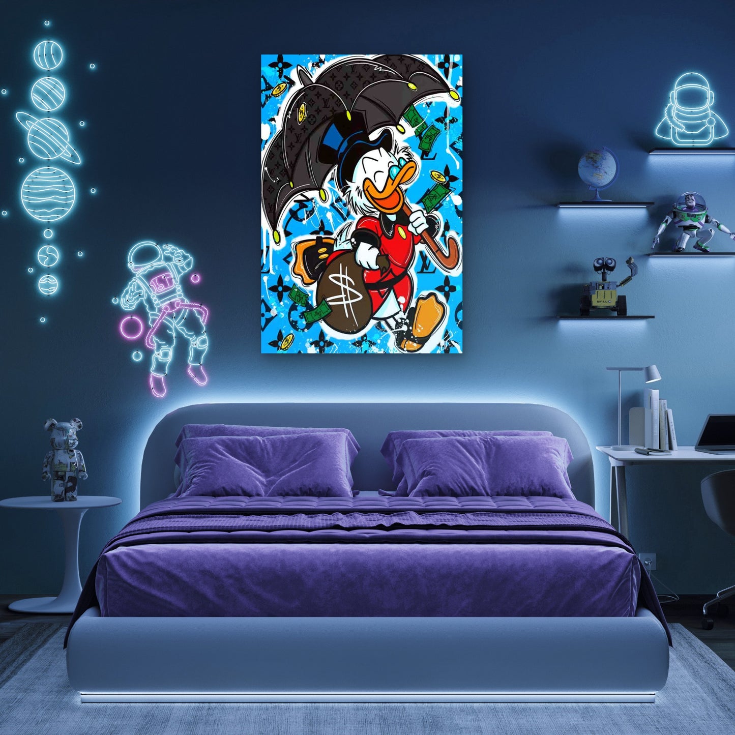 Rich Cartoon Duck Carrying Money Bag 40x60cm Metal Print Ready to Hang