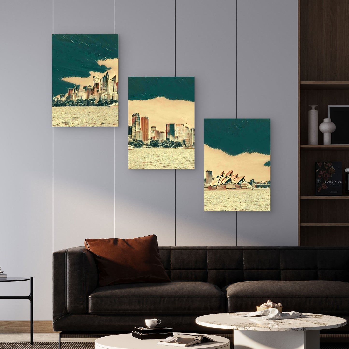 3pcs Gilded Warm Tone Over Australian Coastal City Metal Print Ready to Hang Art