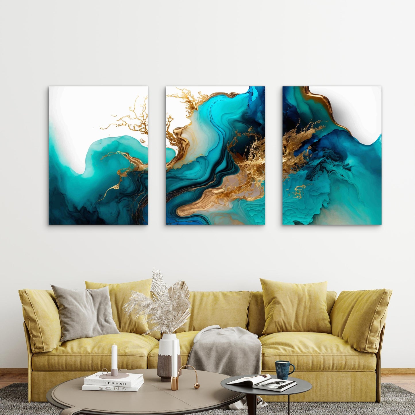 3pcs Vibrant Blue and Metallic Swirls Metal Print Ready to Hang Art
