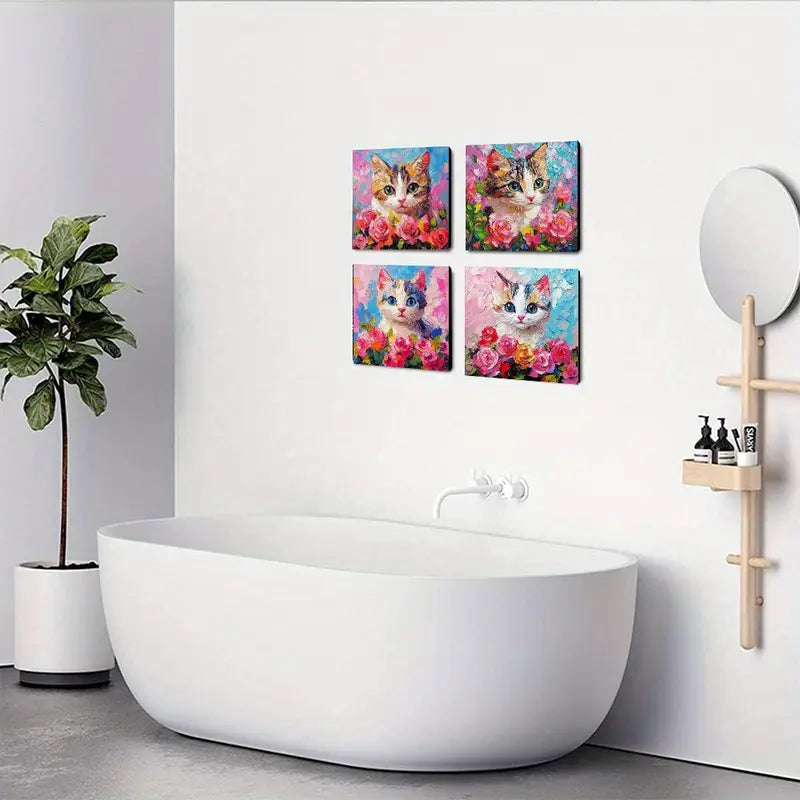 4pcs Orange cat pink flowers Wall Art Canvas Framed