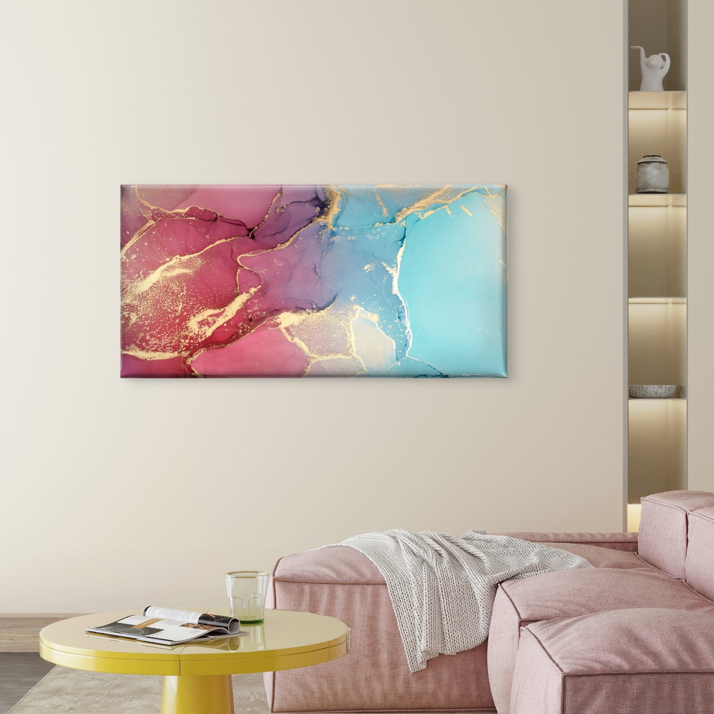Pink Blue Ink Gold Abstract Wall Art Canvas Office Home Room Framed 120x60cm