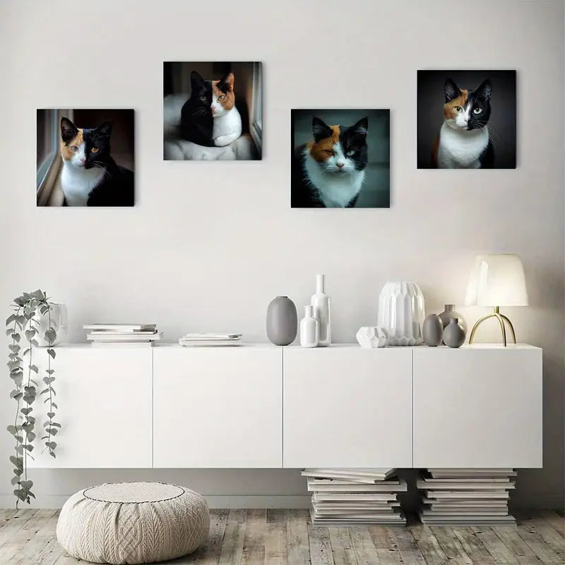 4pcs Black And White Fur Cat Wall Art Canvas Framed