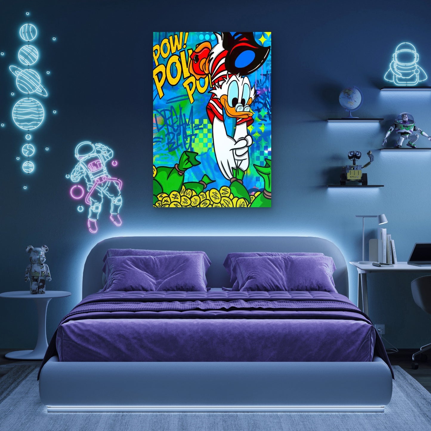 Wealthy Cartoon Duck Counting Gold Coins 40x60cm Metal Print Ready to Hang
