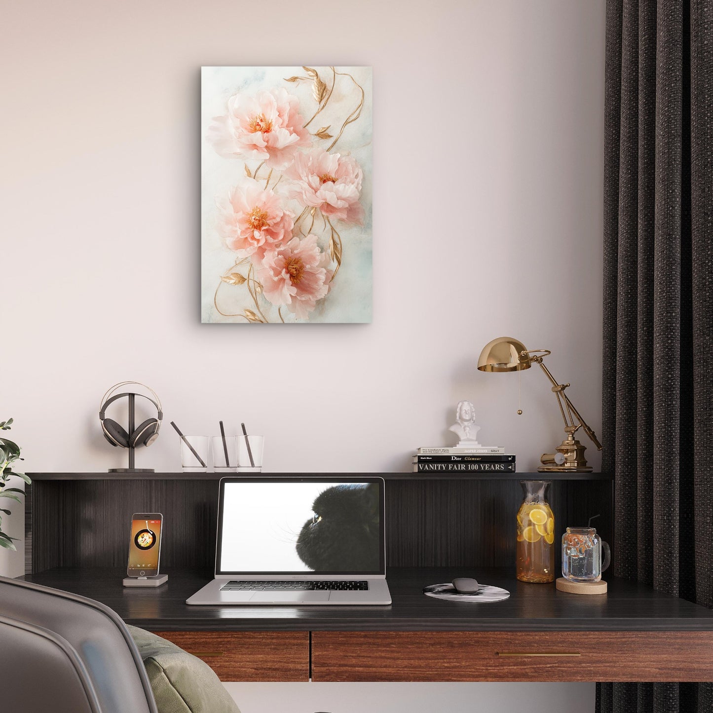 Soft Blush Pink Peony Floral Elegant Gold 40x60cm Metal Print Ready to Hang