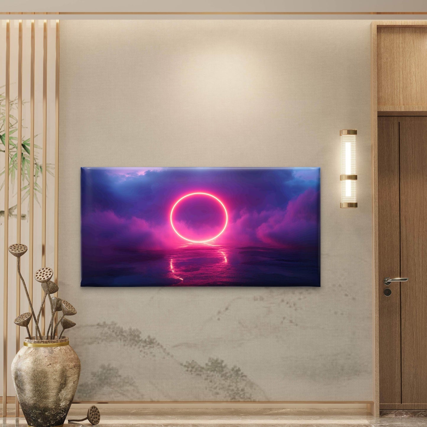 Neon Ring Stormy Cloud Dark Sky Wall Art Canvas Office Home Room Framed 120x60cm - Bella Home Decor