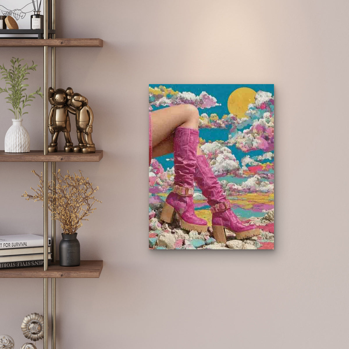 Pink Funky Disco Boots, Retro Style Metal Print Ready to Hang