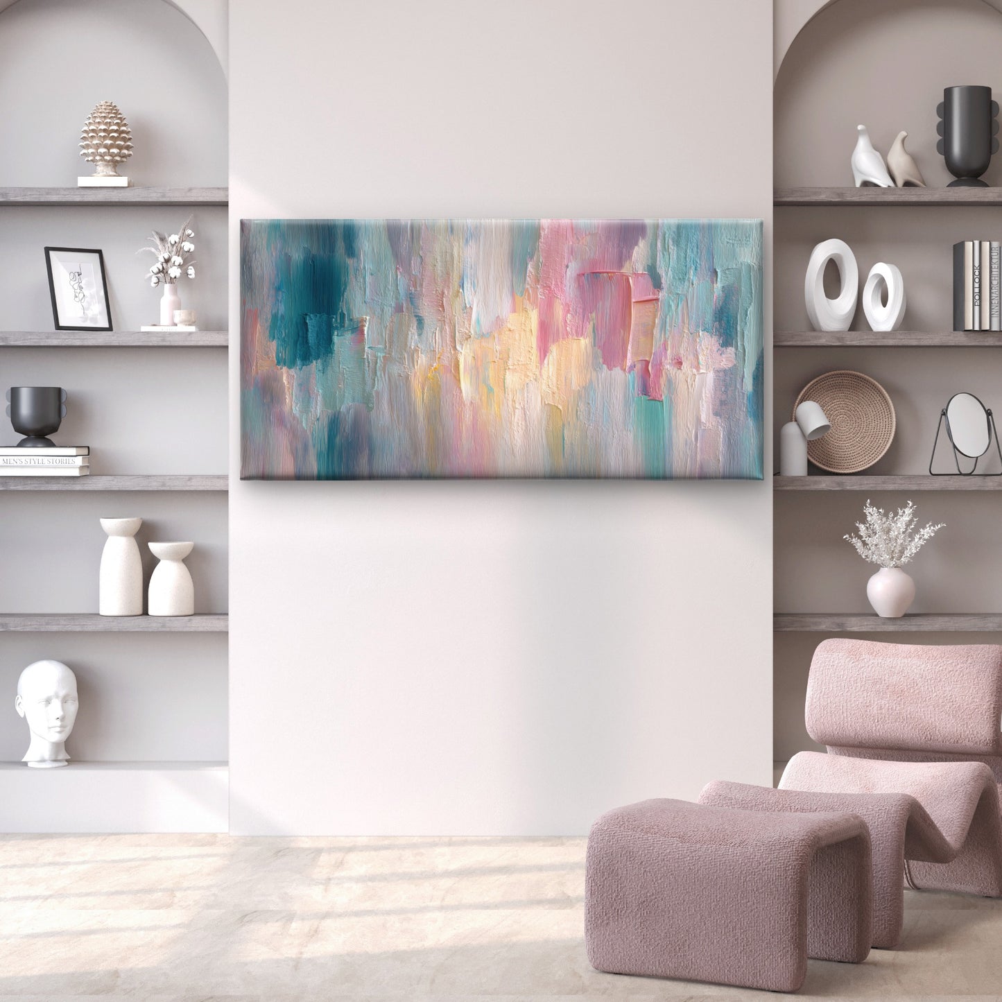 Pastel Pink Teal Abstract Palette Wall Art Canvas Office Home Room Framed 120x60cm