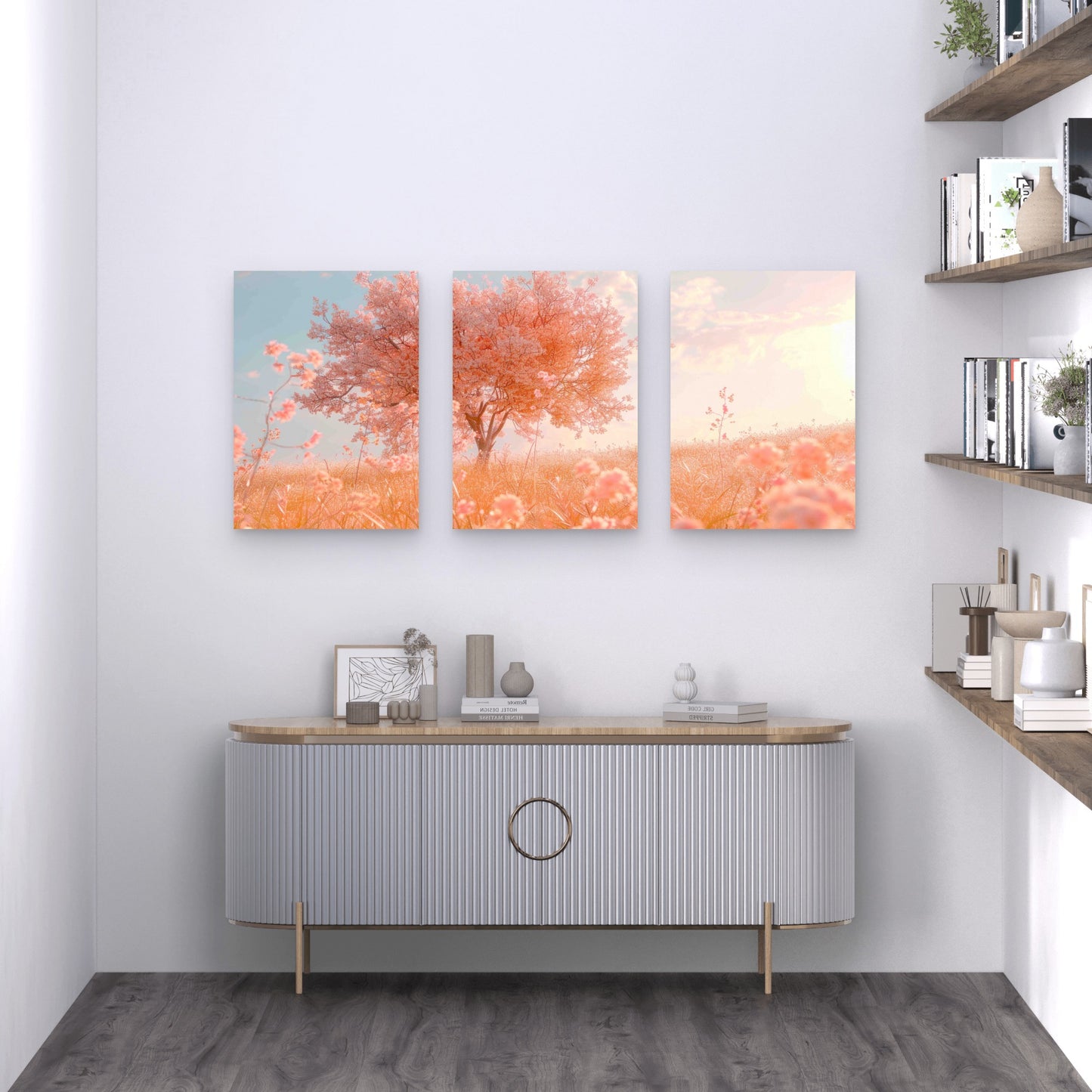 3pcs Lone Cherry Blossom Tree in a Sunlit Spring Metal Print Ready to Hang Art