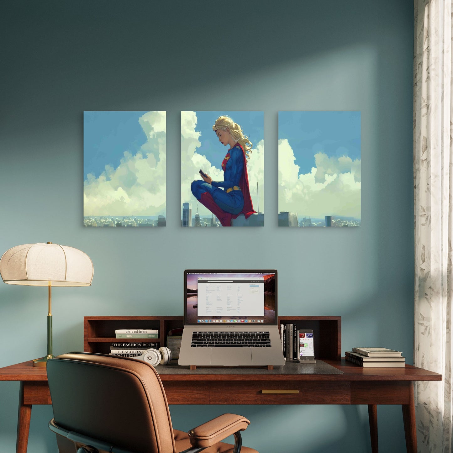 3pcs Blonde Comic Heroine on Rooftop Over City Metal Print Ready to Hang Art