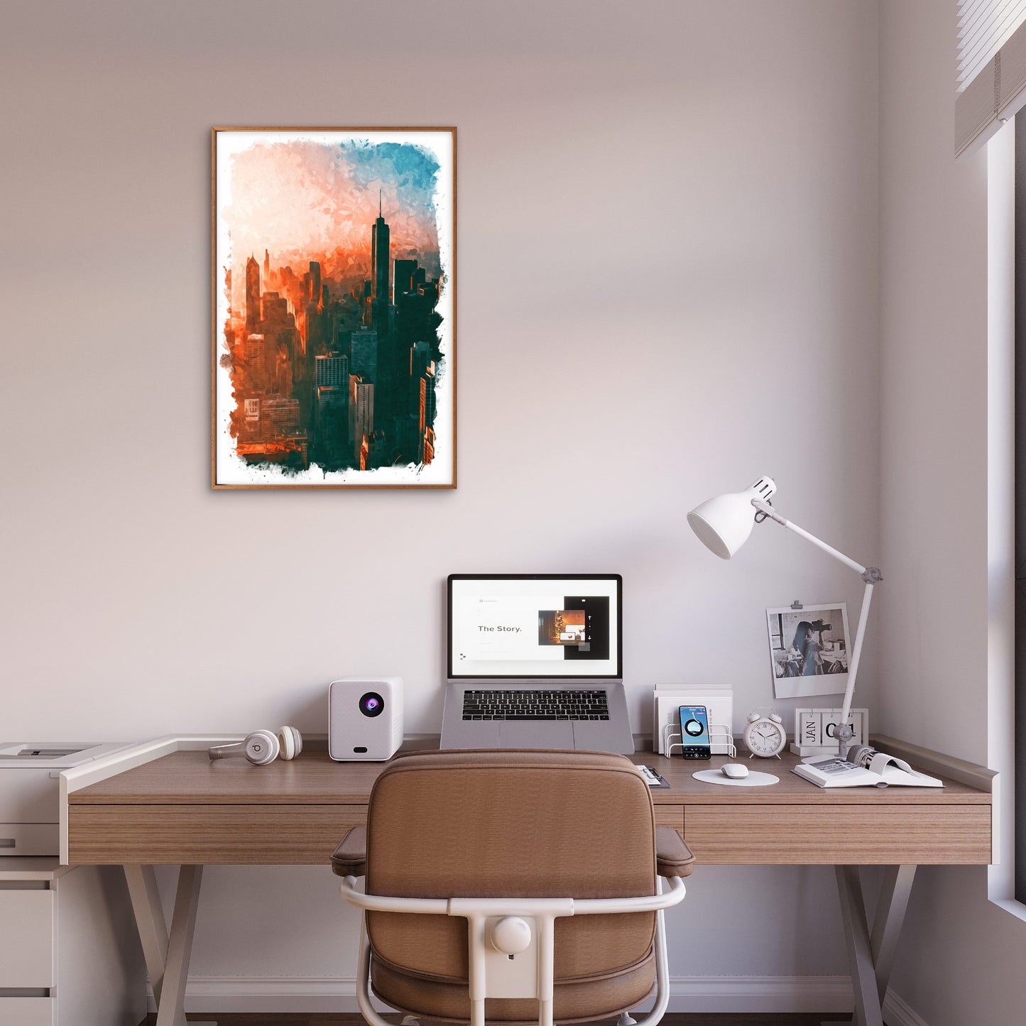 Chicago USA City Skyline Orange Sunset Watercolor Travel Poster Print Wall Art