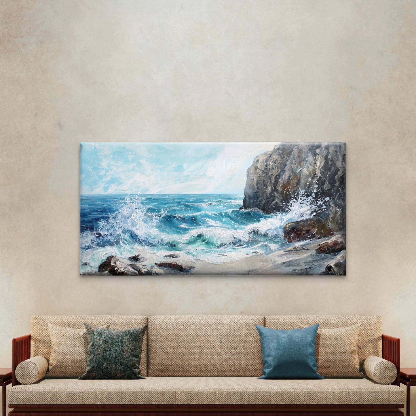 Waves Crashing On Rocky Shore Wall Art Canvas Office Home Room Framed 120x60cm