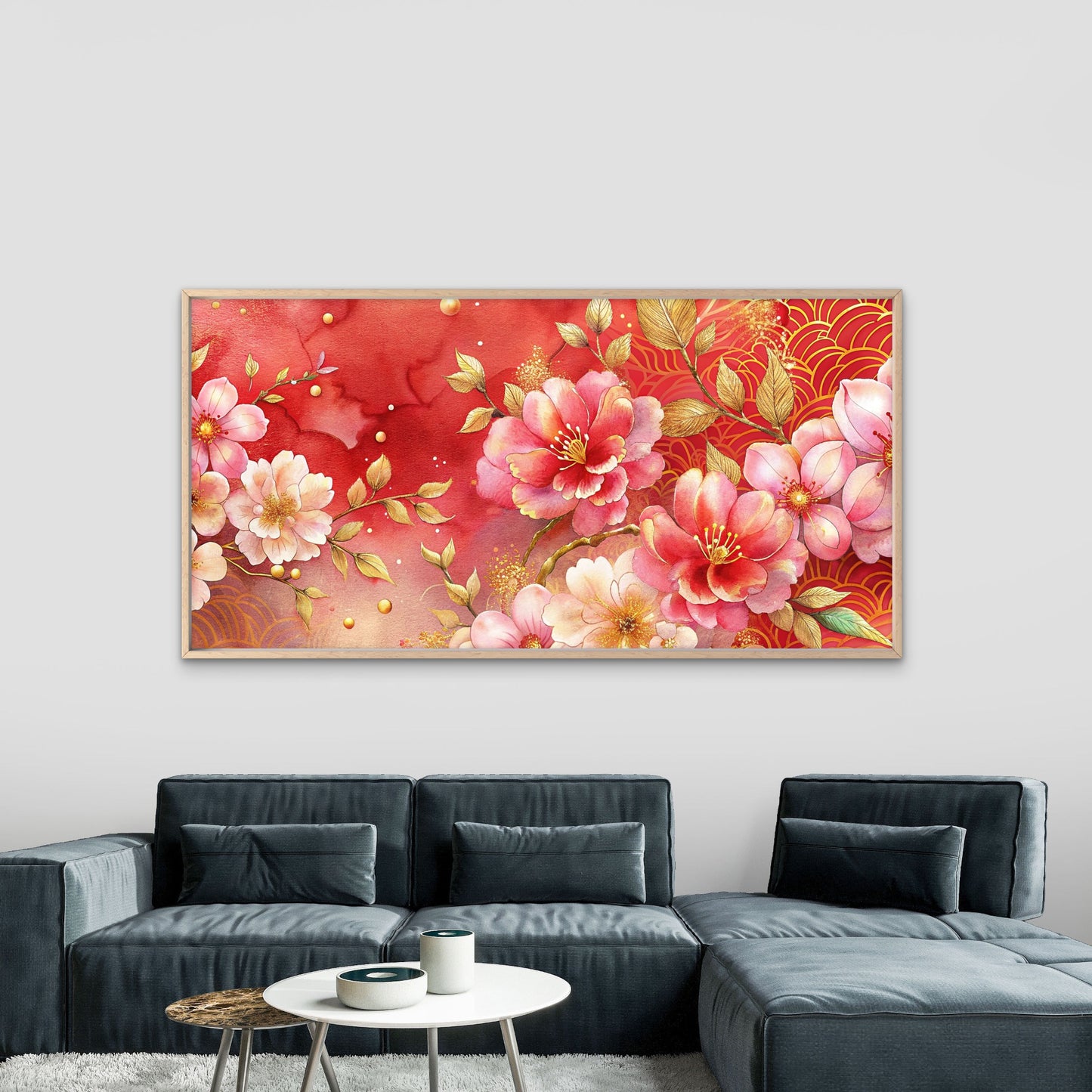 Japanese Inspired Floral Art Wall Art Canvas Office Home Room Framed 120x60cm