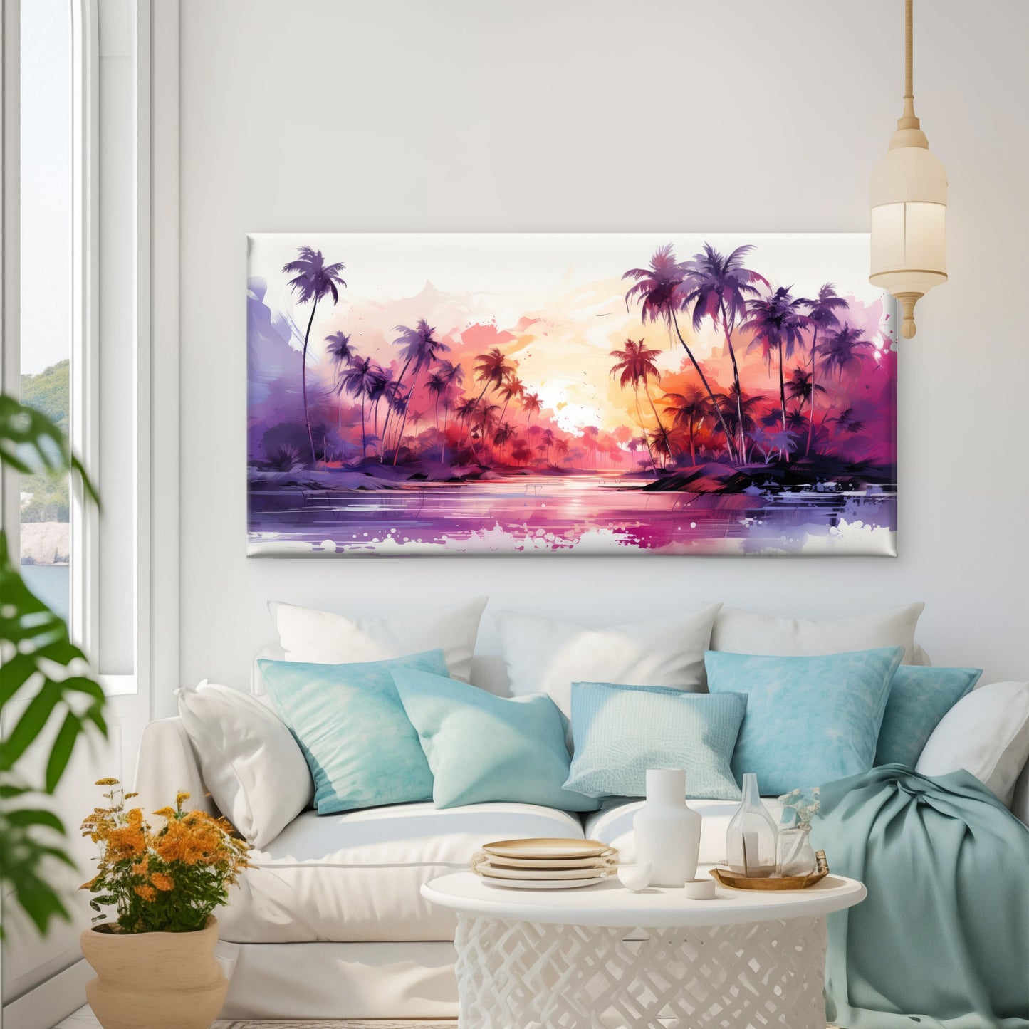 Purple Pink Sunset Beach Palms Wall Art Canvas Office Home Room Framed 120x60cm