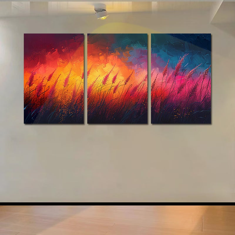 3pcs Vibrant Abstract Tall Grass Scene at Sunset Wall Art Set Canvas Framed 50x70cm - High Quality Print 100% Australian Made Wall Canvas Ready to Hang