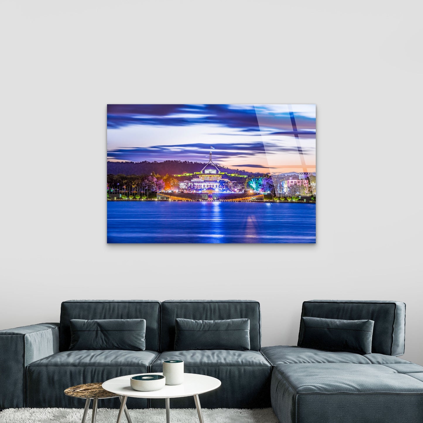 Parliament House Canberra Illuminated Night Skyline Lake Burley Griffin Acrylic Glass Printing Wall Art Australian Made Quality