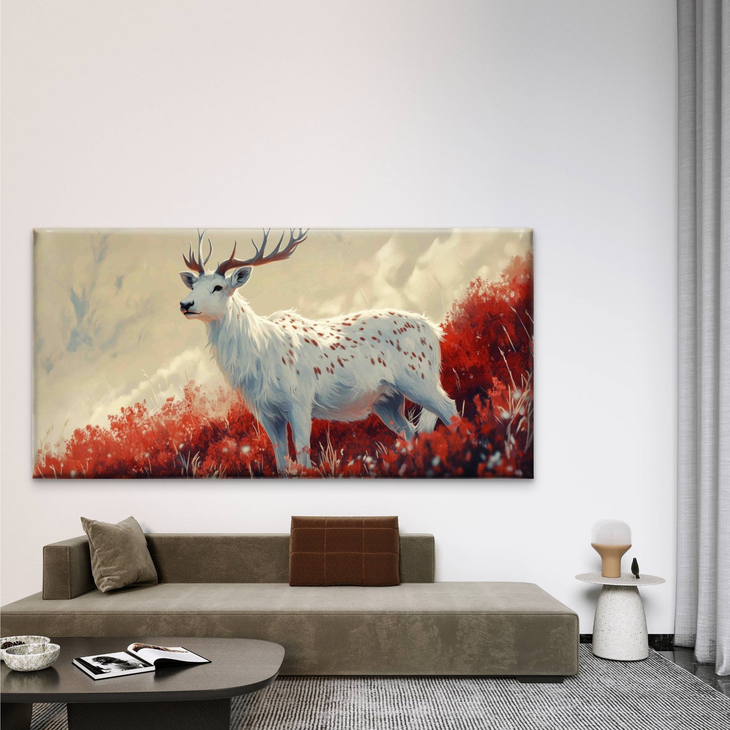A White Fallow Deer Wall Art Canvas Office Home Room Framed 120x60cm
