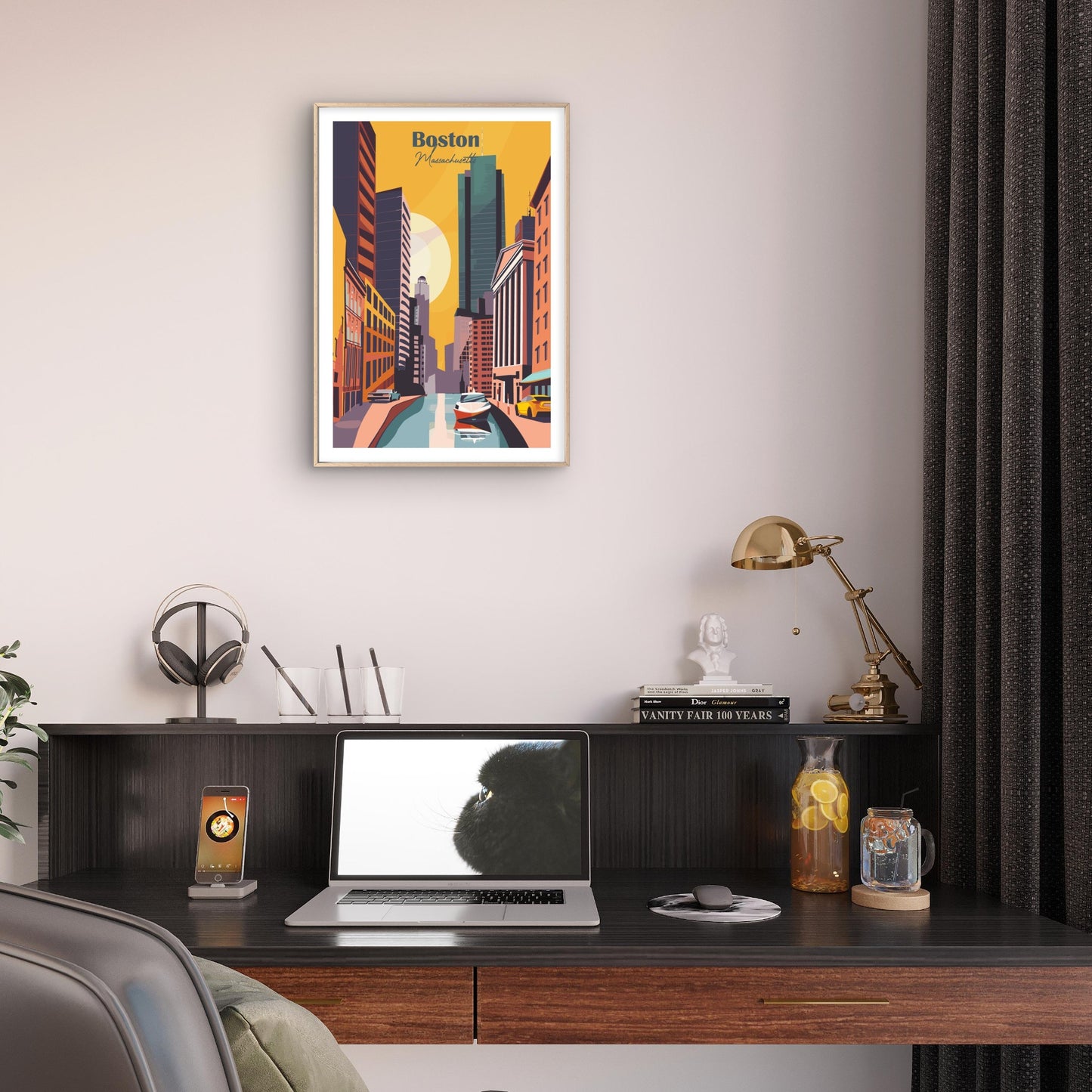 Stunning Urban Skyline In Boston USA Vintage Travel Poster Print Wall Art