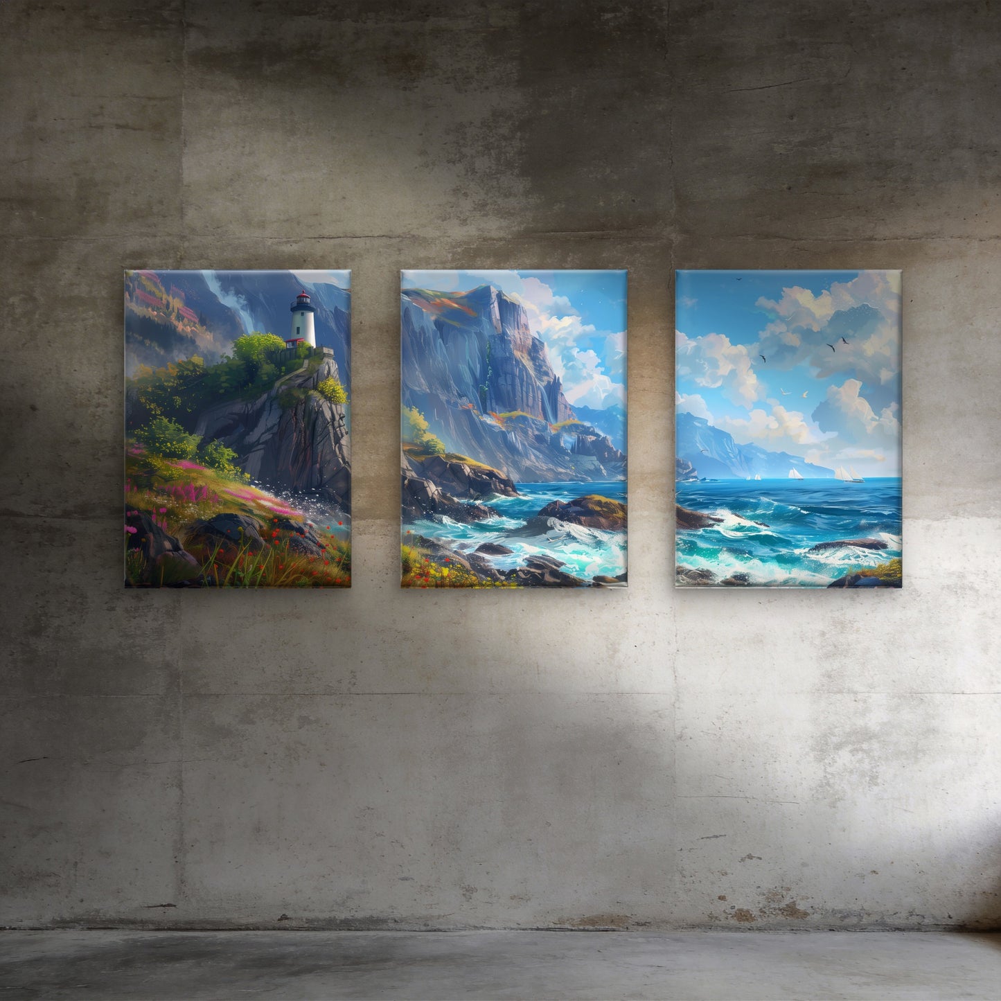 3pcs Coastal Ocean Lighthouse Rocky Cliffs Wall Art Set Canvas Framed 60x90cm - High Quality Print 100% Australian Made Wall Canvas Ready to Hang
