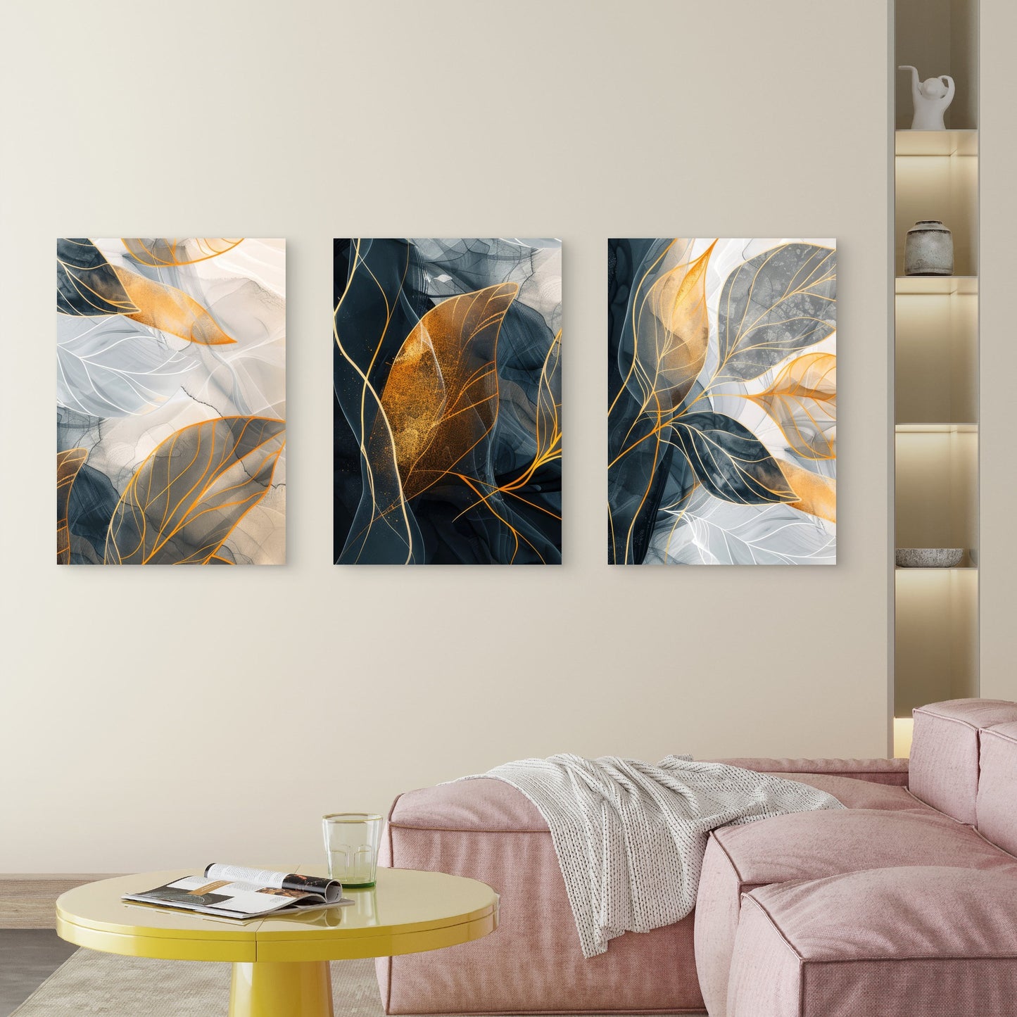 3pcs Navy Grey Gold Leaf Abstract Botanical Wall Art Set Canvas Framed 60x90cm - High Quality Print 100% Australian Made Wall Canvas Ready to Hang