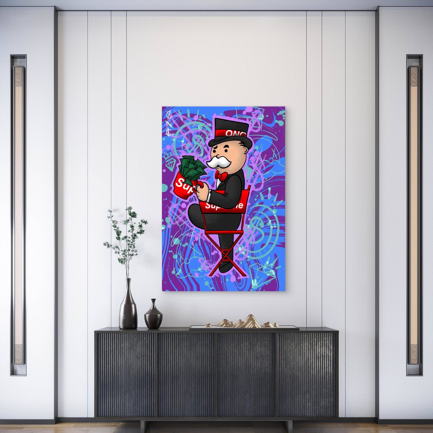 Street Art Rich Money Man Graffiti Purple Neon 40x60cm Metal Print Ready to Hang