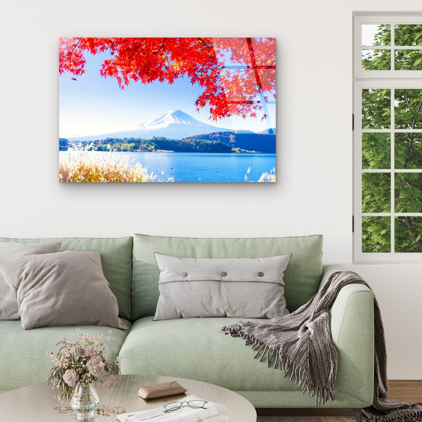 Mount Fuji Japan Red Autumn Maple Leaves Acrylic Glass Printing Wall Art Australian Made Quality