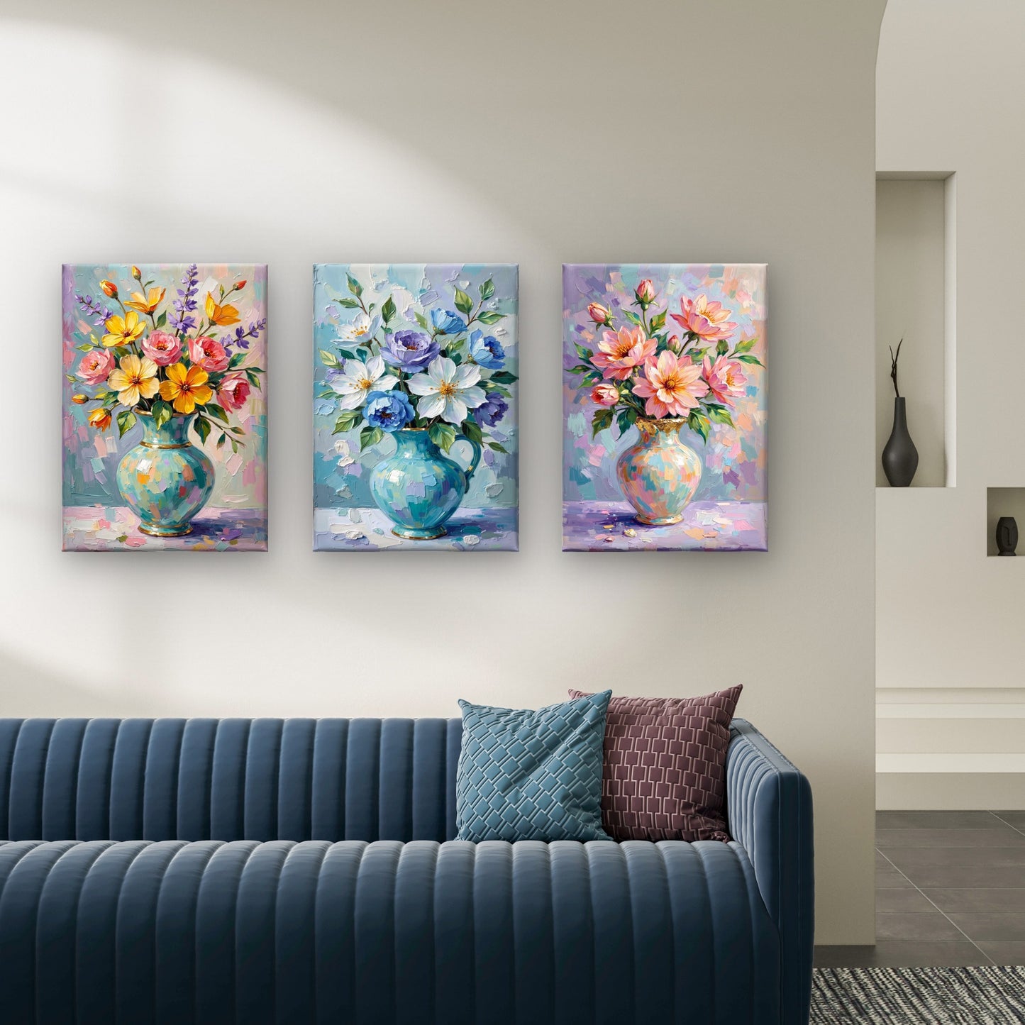 3pcs Impressionist Pastel Wildflower Vase Wall Art Set Canvas Framed 40x60cm - High Quality Print 100% Australian Made Wall Canvas Ready to Hang
