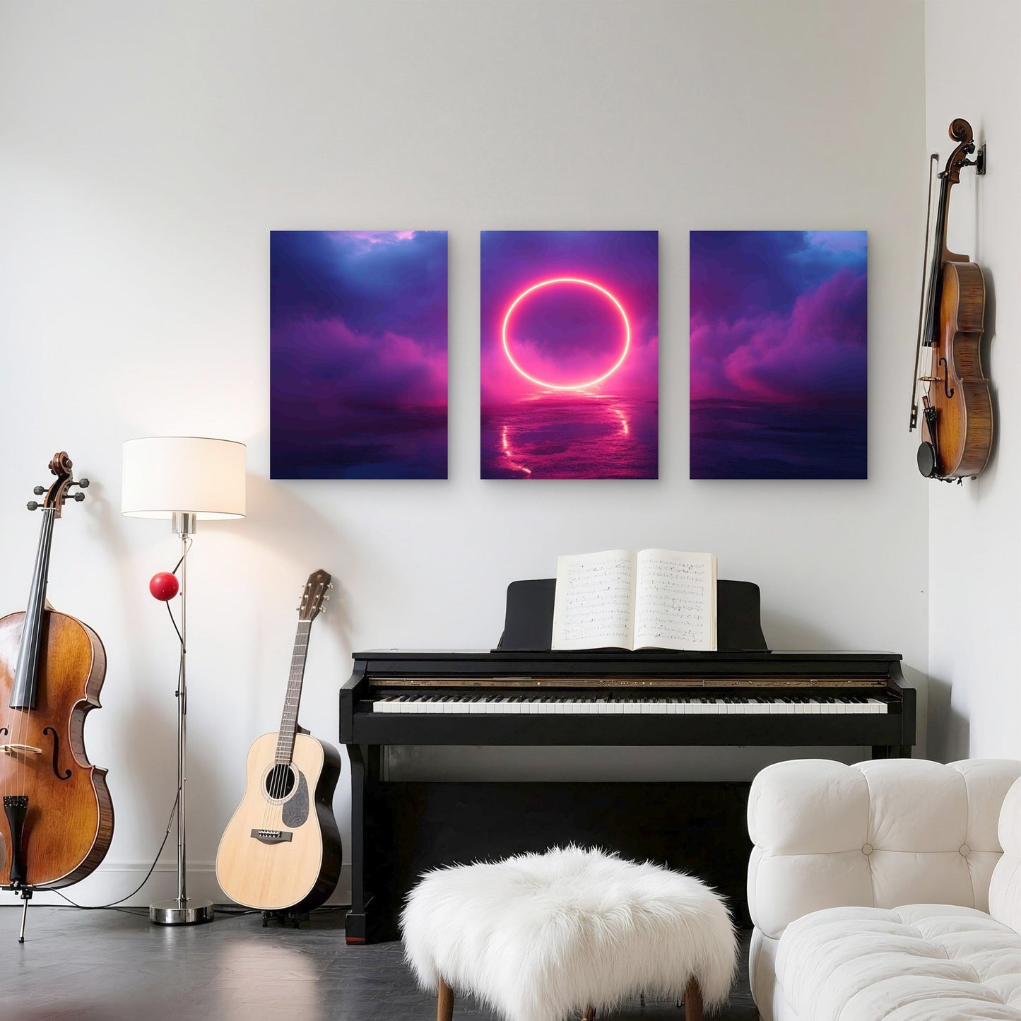 3pcs Neon Ring Stormy Cloud Dark Sky Metal Print Ready to Hang Art