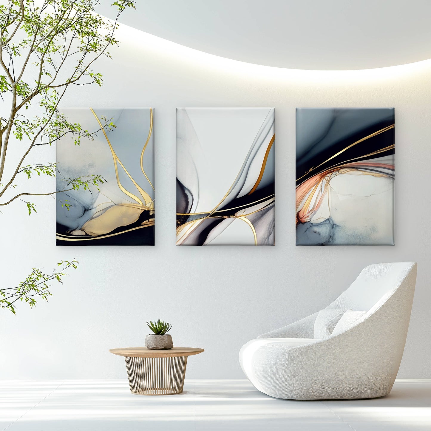 3pcs Navy Blue Gray Gold Ink Abstract Wall Art Set Canvas Framed 50x70cm - High Quality Print 100% Australian Made Wall Canvas Ready to Hang