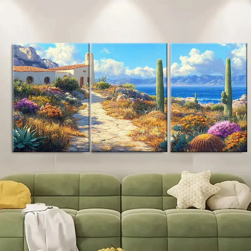 3pcs Mexican Adobe Desert Cactus Landscape Wall Art Set Canvas Framed 60x90cm - High Quality Print 100% Australian Made Wall Canvas Ready to Hang