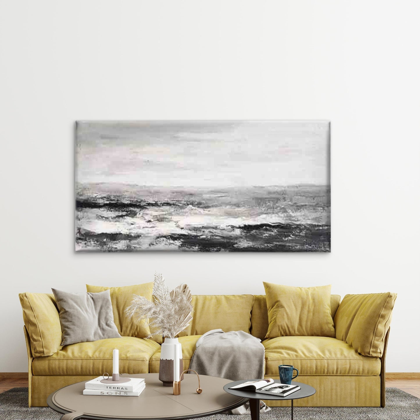 Black and White Coastal Wave Wall Art Canvas Office Home Room Framed 120x60cm - Bella Home Decor