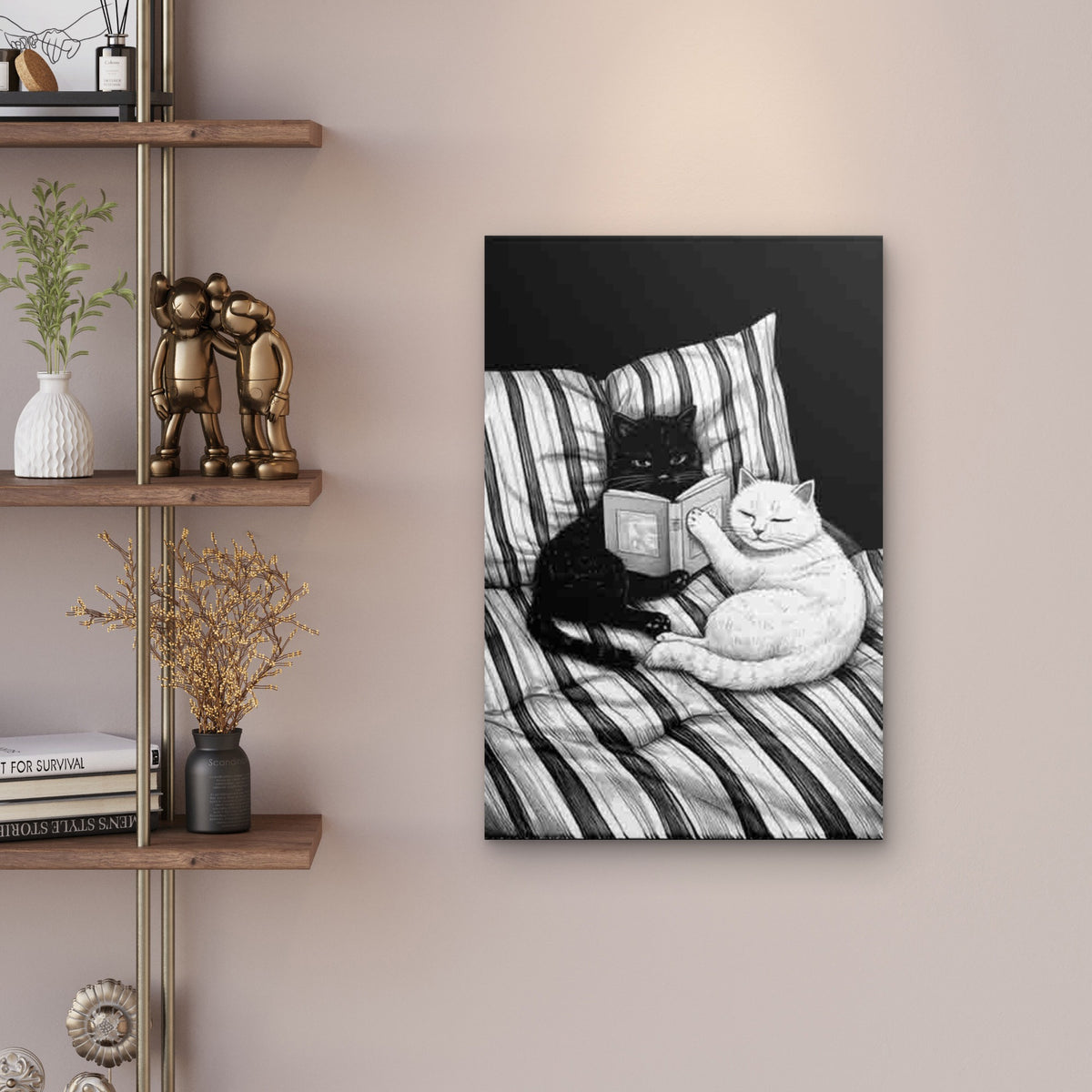 Black and White Cat Reading Book Metal Print Ready to Hang
