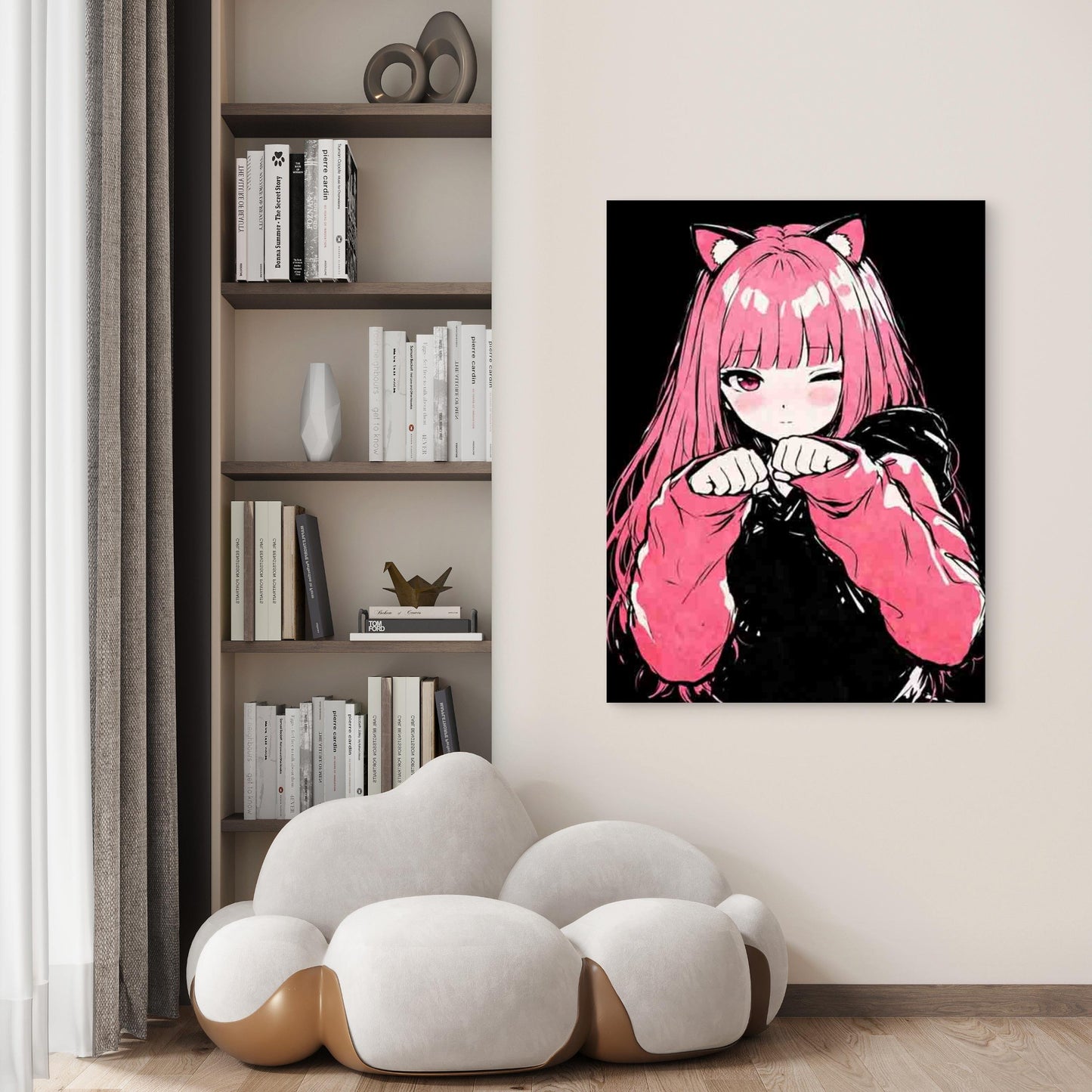 Featuring a Pink Cat Girl 40x60cm Metal Print Ready to Hang