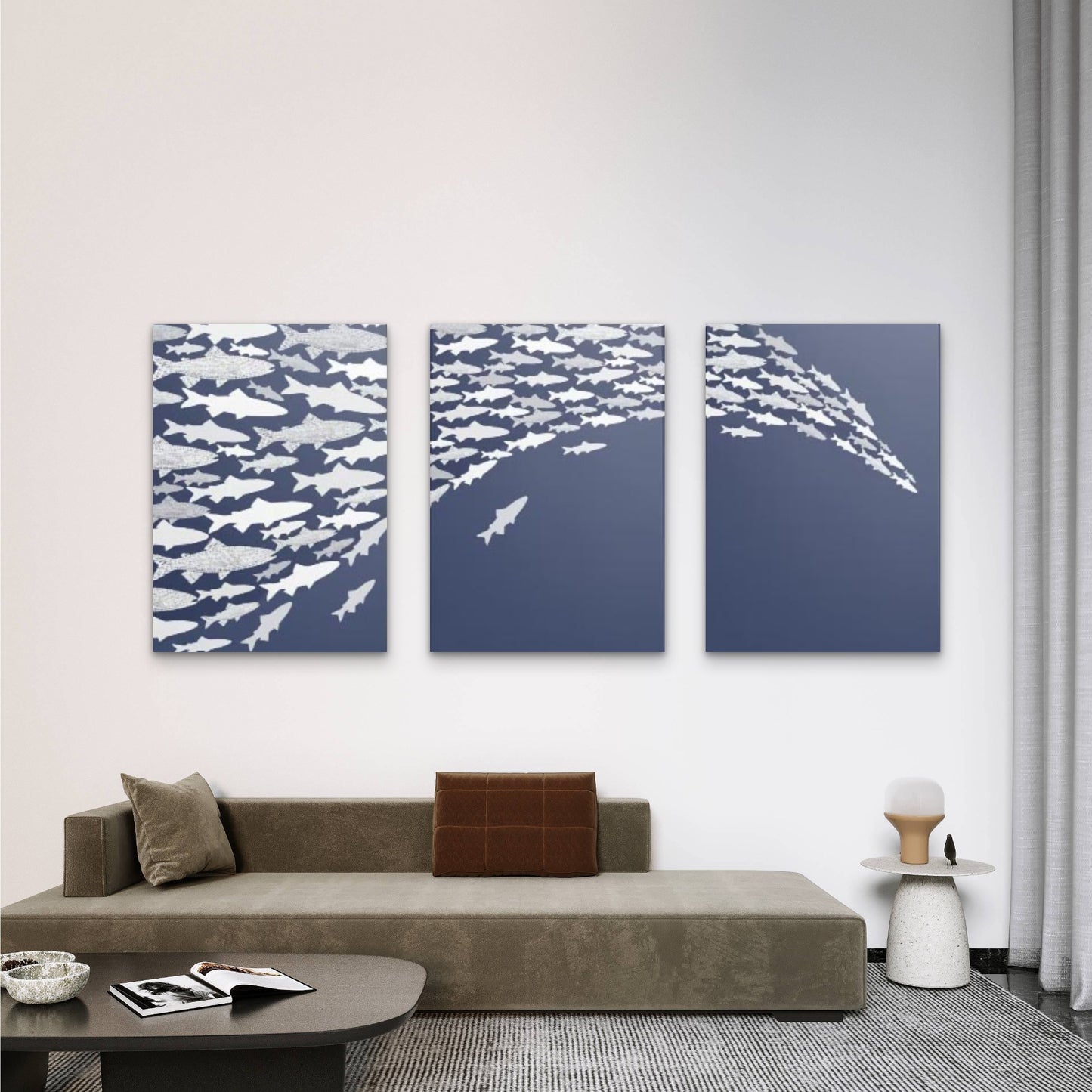 3pcs Coastal Blue Shoal Of Fish Abstract Wall Art Set Canvas Framed 50x70cm - High Quality Print 100% Australian Made Wall Canvas Ready to Hang - Bella Home Decor