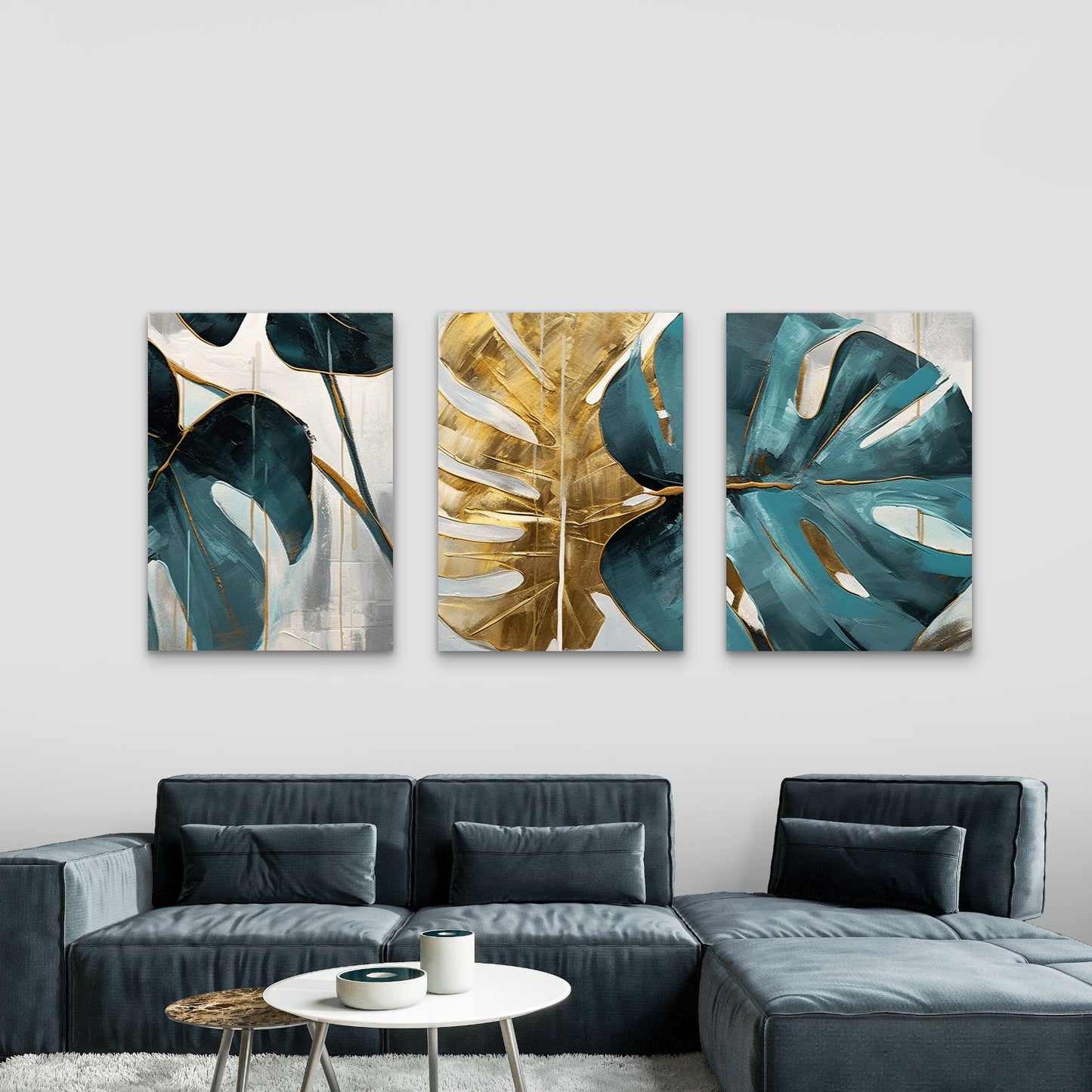 3pcs Elegant Luxury Hamptons Monstera Teal Gold Wall Art Set Canvas Framed 40x60cm - High Quality Print 100% Australian Made Wall Canvas Ready to Hang