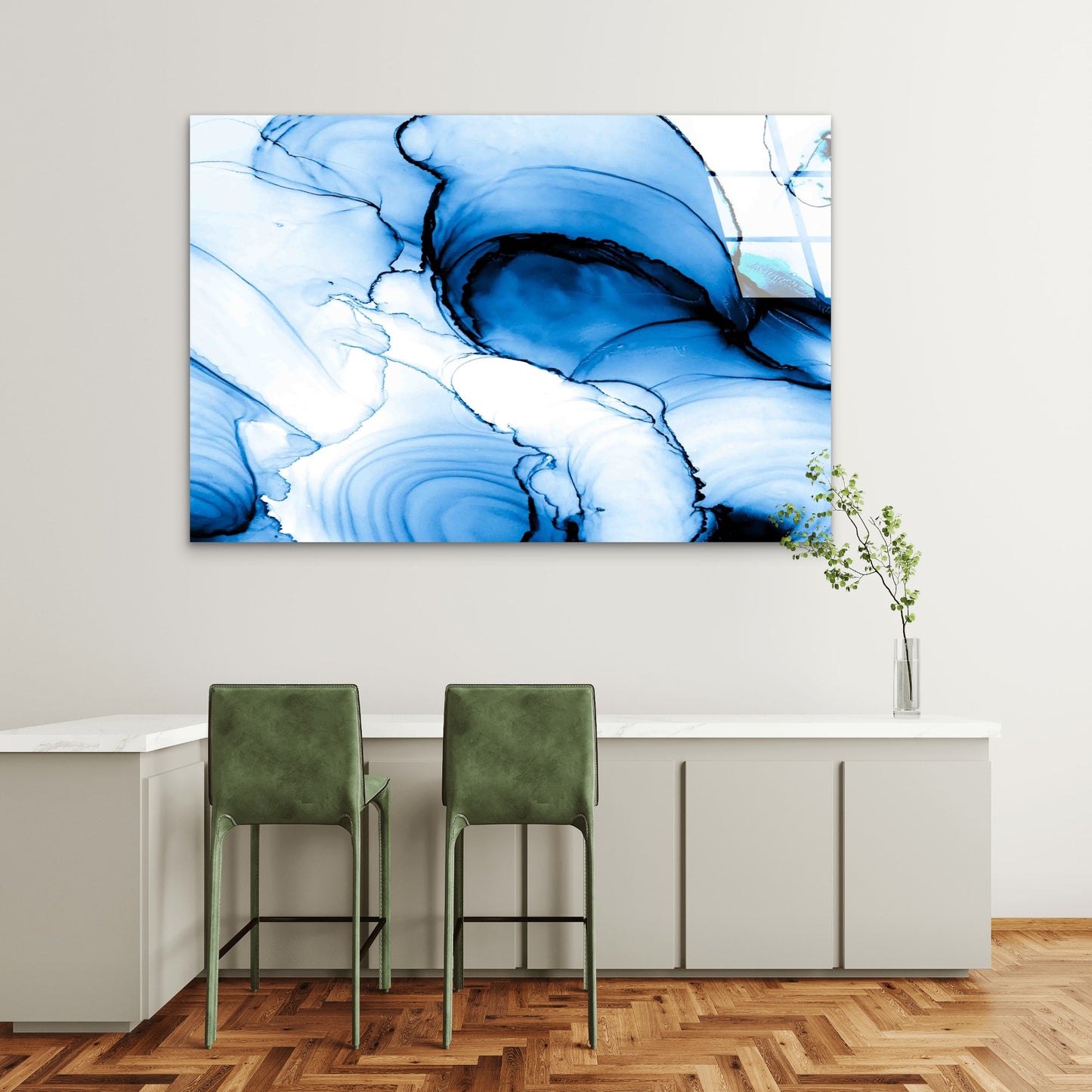 Blue Abstract Fluid Ink Tempered Glass Printing Wall Art Australian Made Quality
