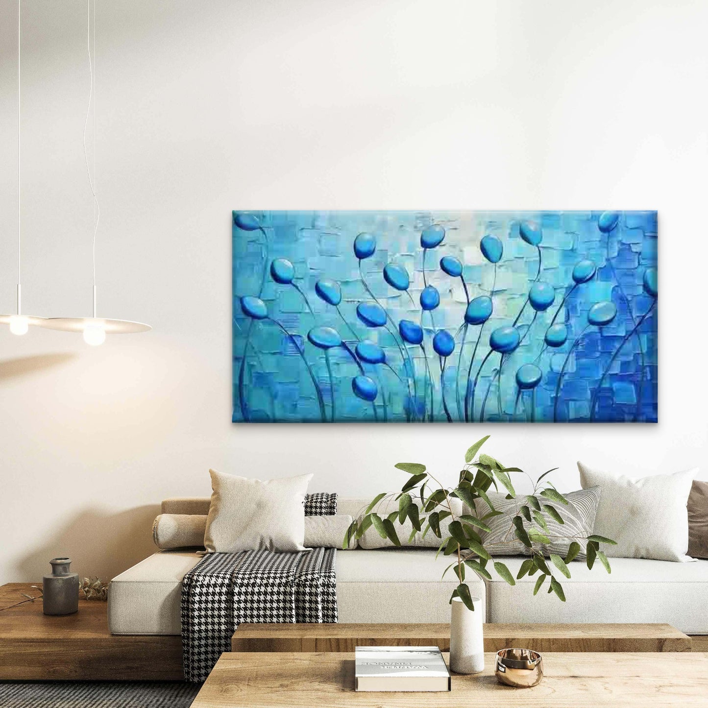 Blue Abstract Floral Artwork Wall Art Canvas Office Home Room Framed 120x60cm