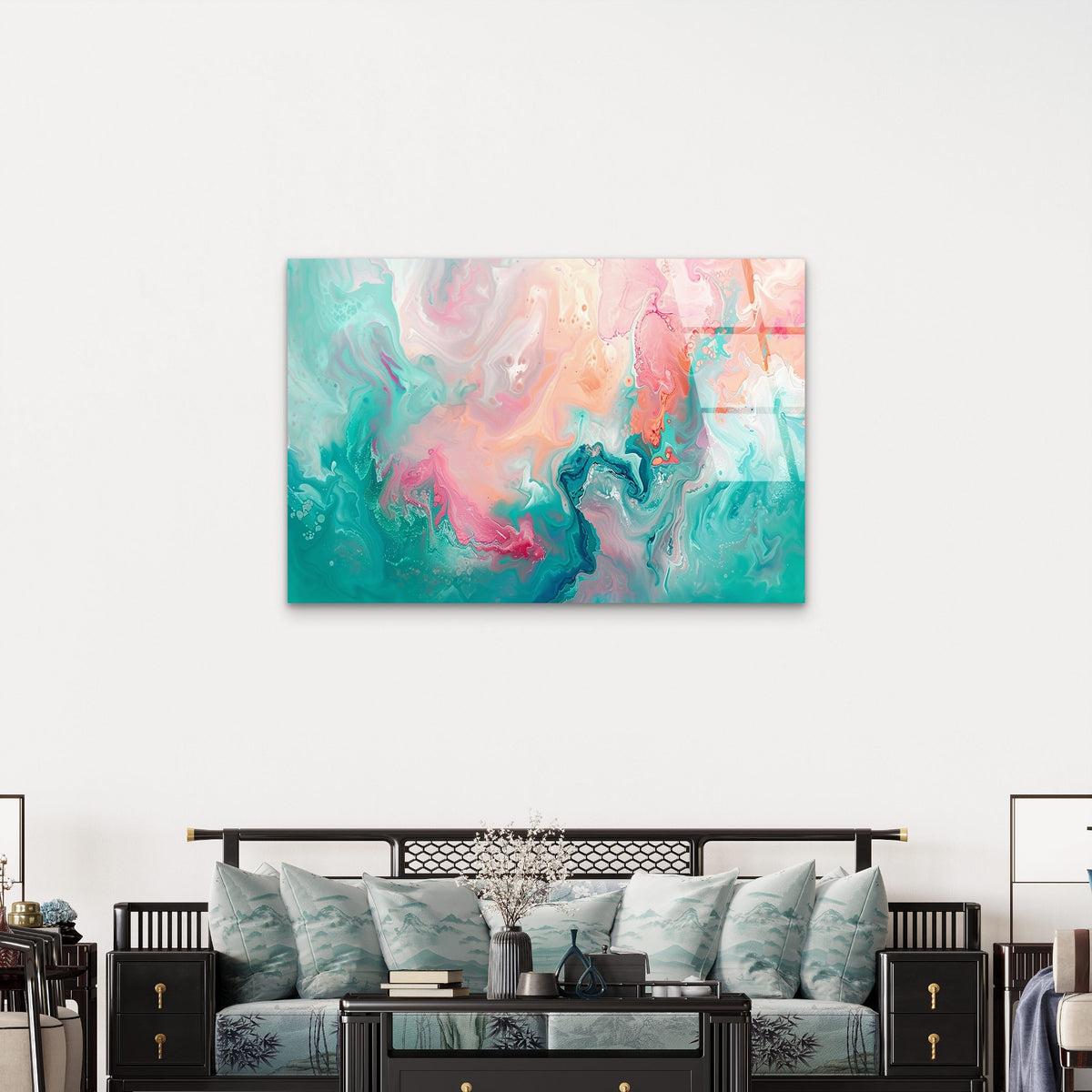 Teal Turquoise Pink Fluid Glass Printing Wall Art Australian Made Quality