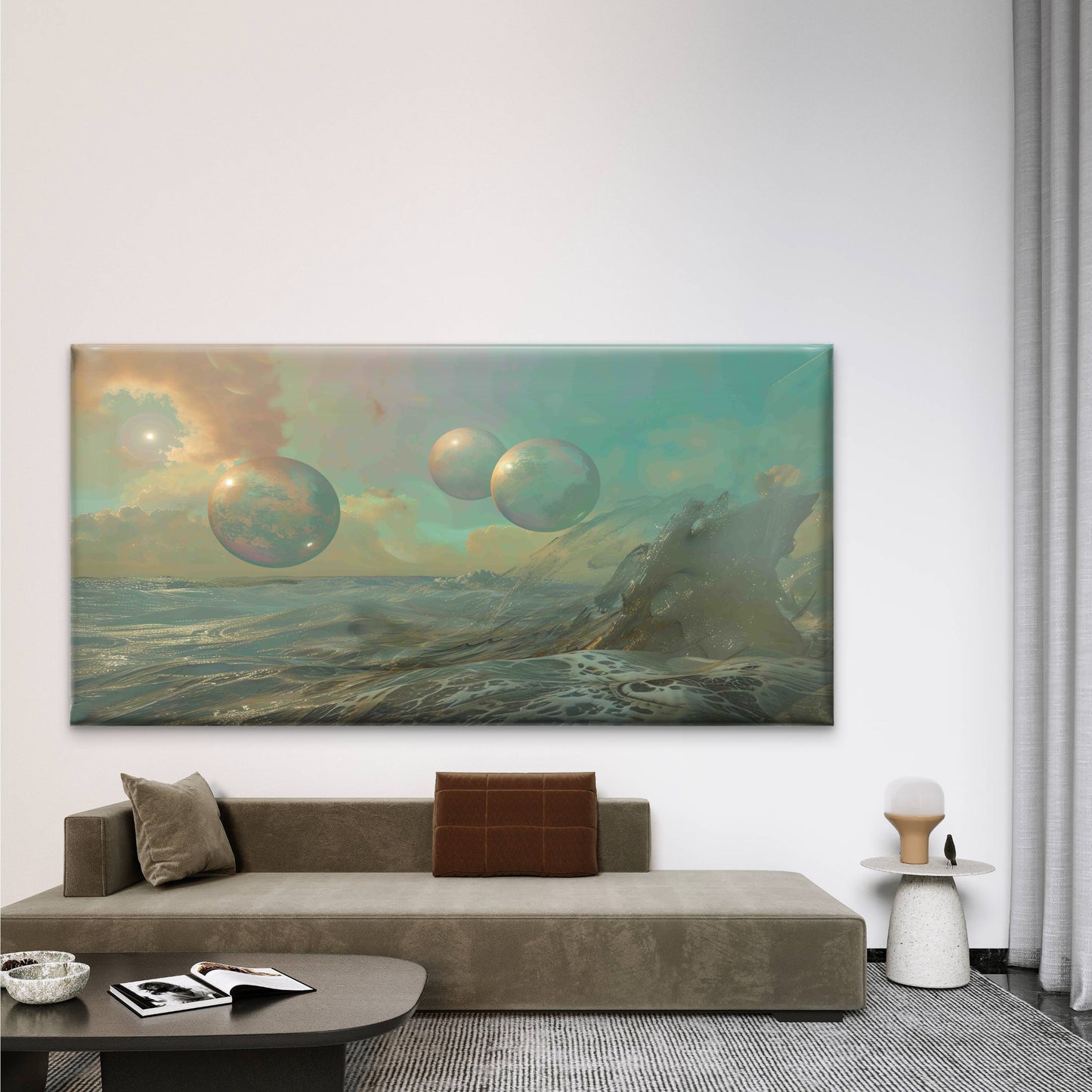 Seascape With Distant Planets Wall Art Canvas Office Home Room Framed 120x60cm