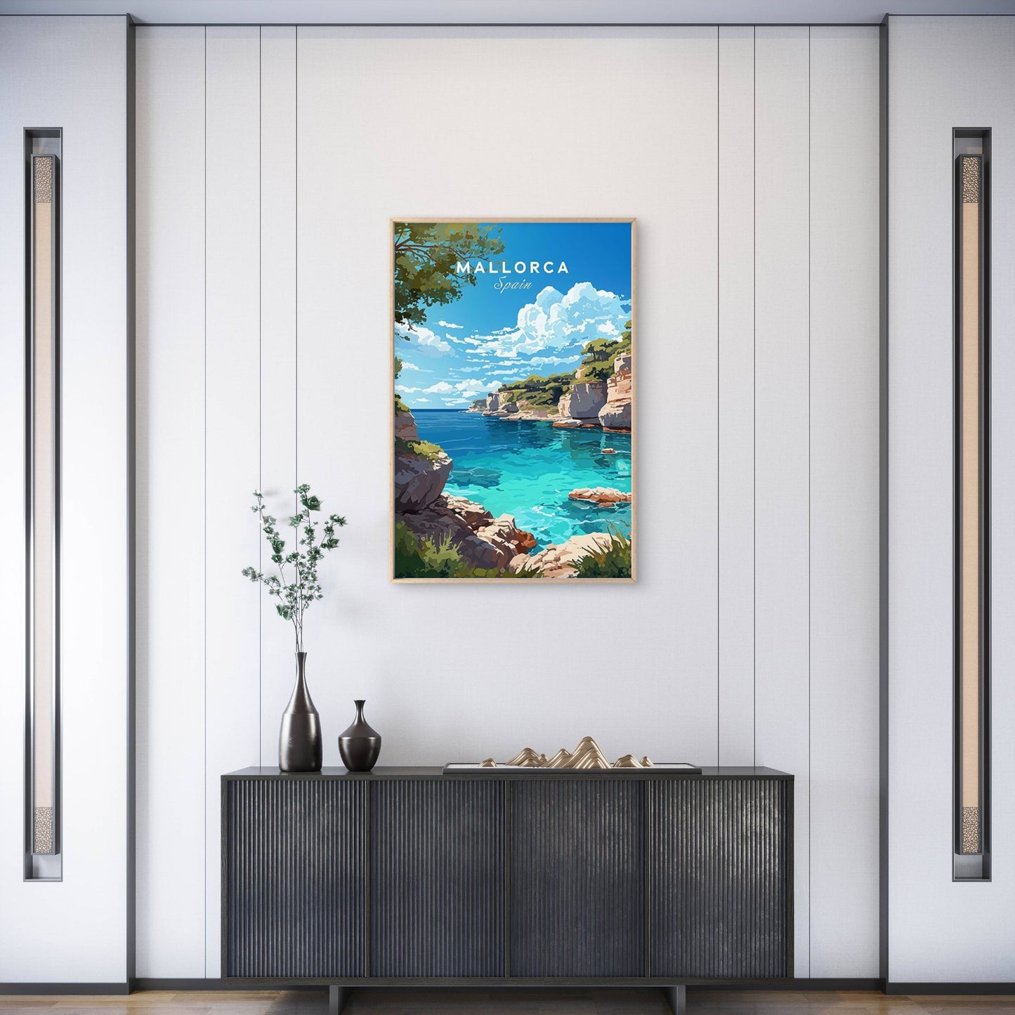 Mallorca Spain Sea Wall Art with & Blue Cliffs Travel Poster Print Wall Art