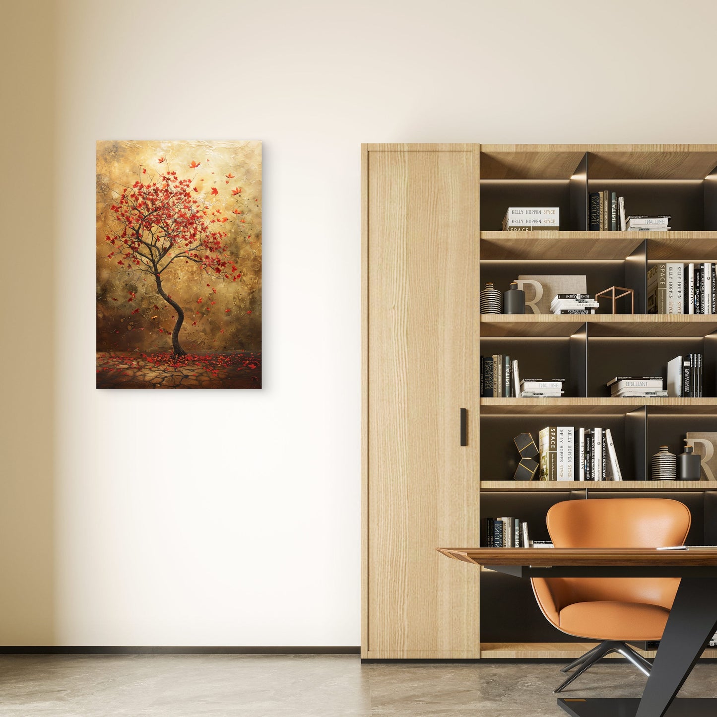 Autumn Red Tree Gold Abstract Art 40x60cm Metal Print Ready to Hang