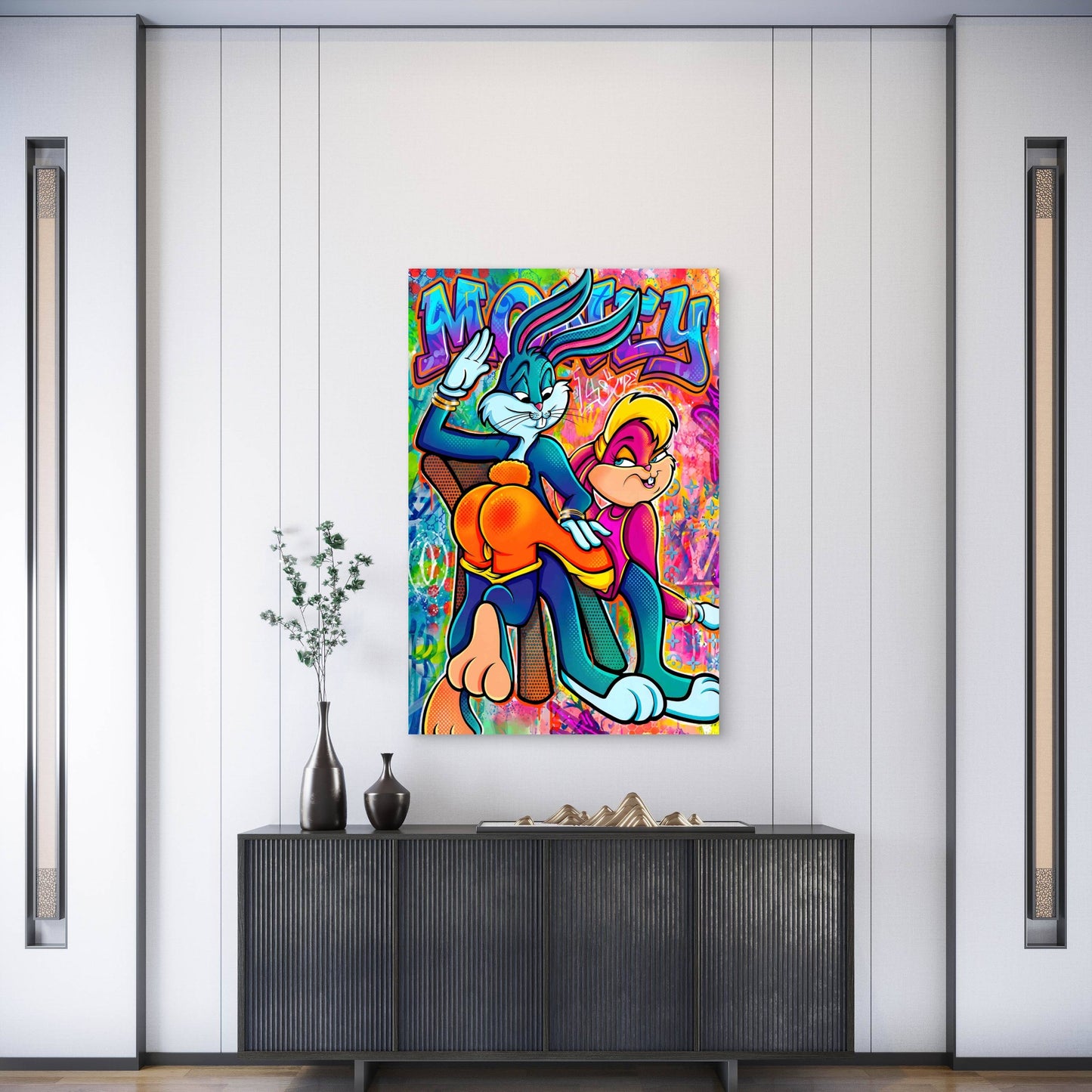 Urban Street Graffiti Money Cartoon Couple Neo 40x60cm Metal Print Ready to Hang