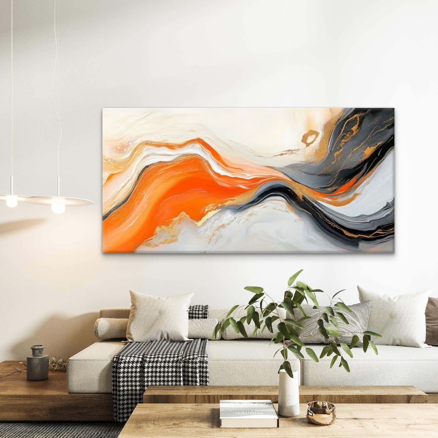 Orange & Black Abstract Wall Art Canvas Office Home Room Framed 120x60cm