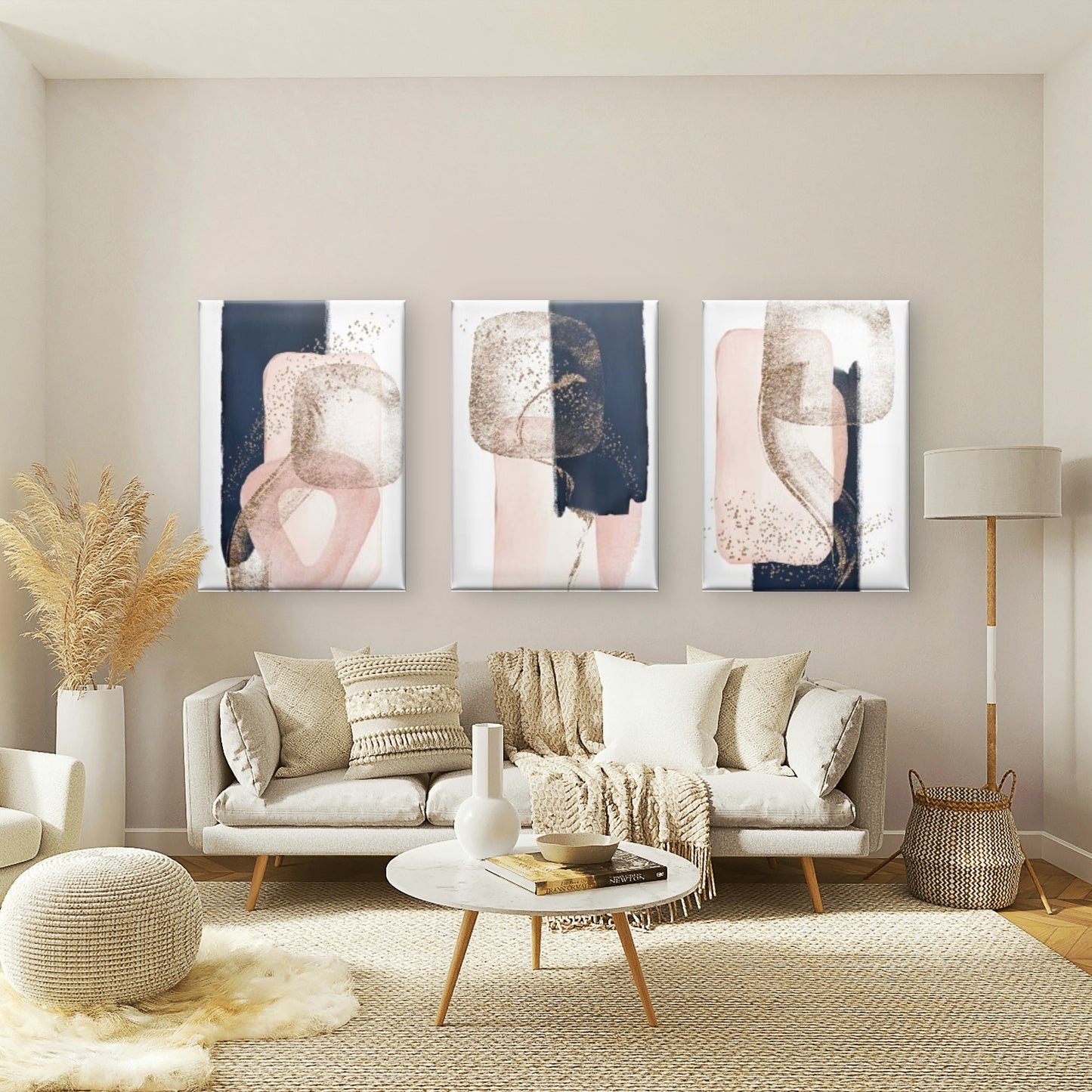 3pcs Navy Blue Blush Pink Gold Abstract Contemporary Luxury Elegant Wall Art Set Canvas Framed 60x90cm - High Quality Print 100% Australian Made Wall Canvas Ready to Hang