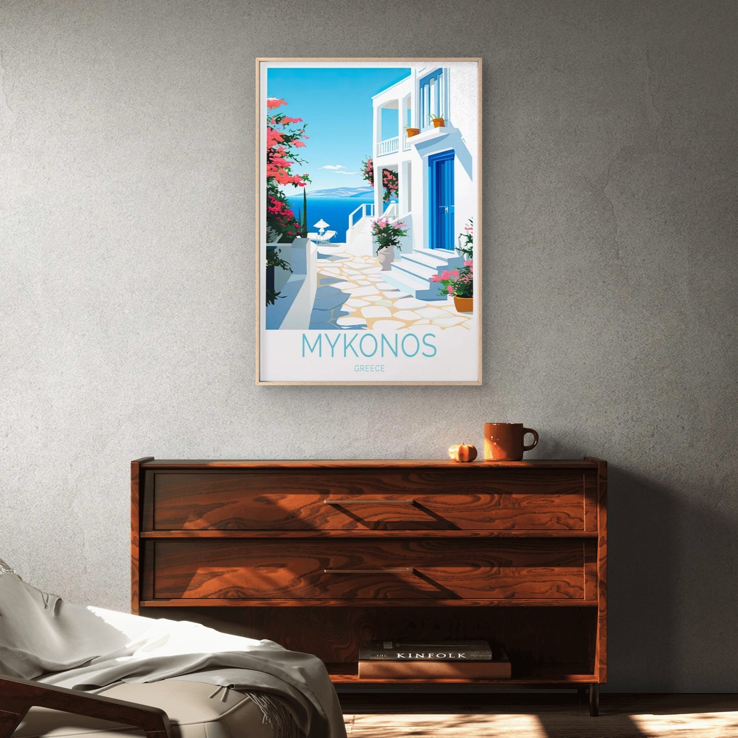 Mykonos Greece, Beach Font & Flowers Art Travel Poster Print Wall Art - Bella Home Decor